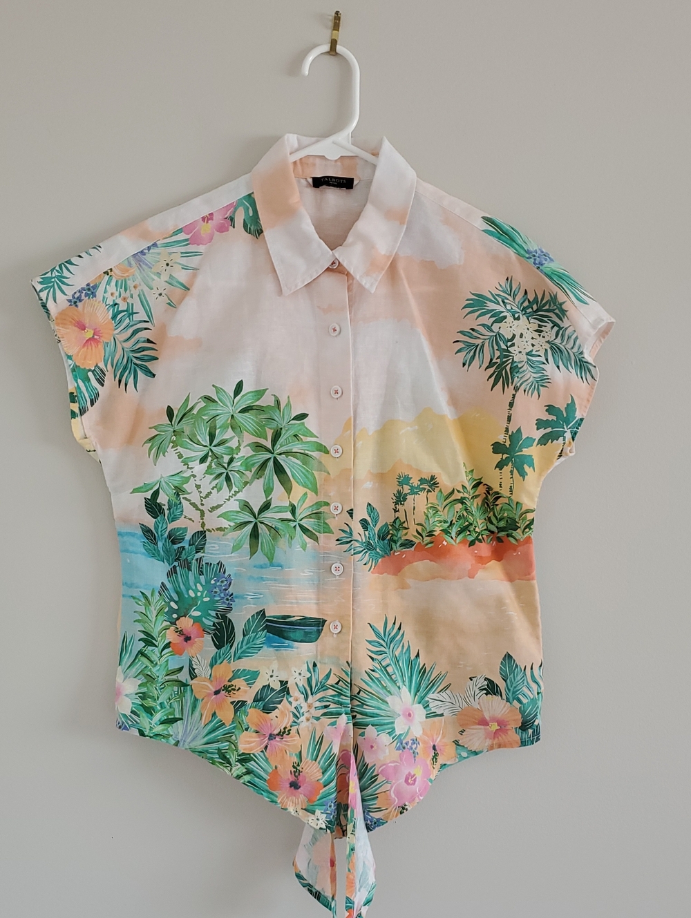 Talbots Petite Linen-Blend Tie-Waist Tropical Print Shirt Blouse Sz M Vacation